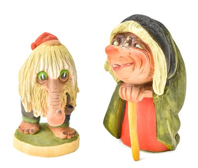 PAIR OF HENNING TROLL WOOD SCULPTURES, NORWAY. A pair of hand-carved wood troll sculptures made 