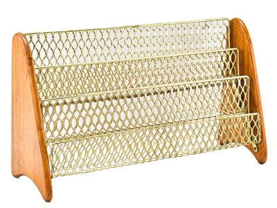 MIDCENTURY NEWSPAPER OR MAGAZINE RACK. A midcentury newspaper or magazine rack with gilded steel 