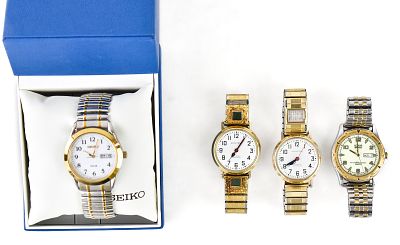 ASSORTMENT OF WRISTWATCHES: SEIKO, BULOVA, LORUS. An assortment of four wristwatches including: 