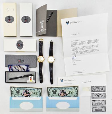 COLLECTION OF VINTAGE DISNEY WORLD PENS, WATCHES & DISNEY DOLLARS. Includes two ten-year 