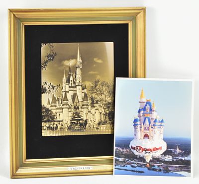 VINTAGE DISNEY WORLD CINDERELLA CASTLE ENGRAVING & BALLOON PHOTO. A 1972 Cinderella Castle 