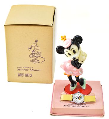 WALT DISNEY'S MINNIE MOUSE WRISTWATCH & FIGURINE IN ORIGINAL BOX. 1960s Minnie Mouse wristwatch 