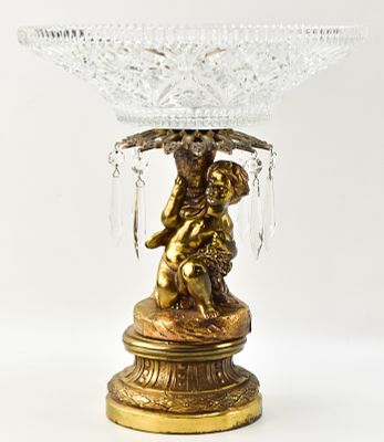 VINTAGE BRASS PEDESTAL BOWL WITH PRISMS. Vintage pressed glass pedestal bowl with brass base and 