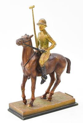 AUSTRIAN ART DECO COLD-PAINTED POLYCHROME FIGURAL POLO JOCKEY TABLE STRIKER. An Austrian Art 
