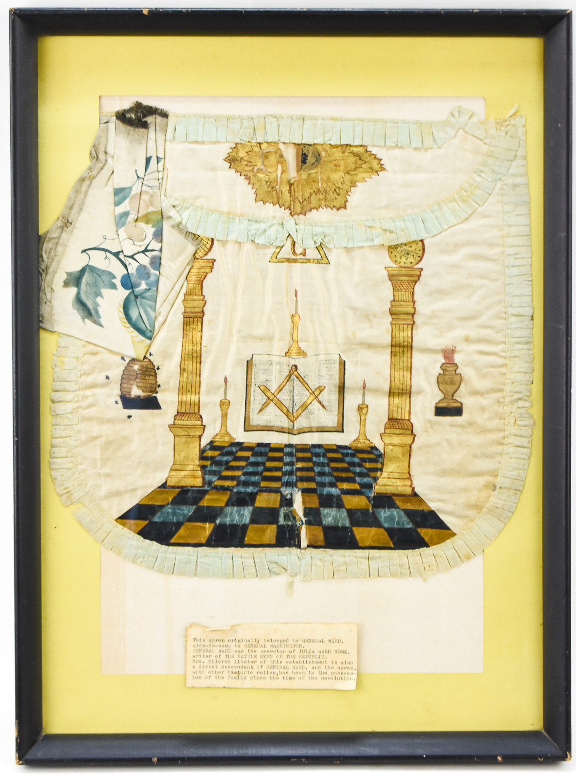 FRAMED FREEMASON CEREMONIAL APRON; ALLEGEDLY GENERAL ARTMEAS WARD'S