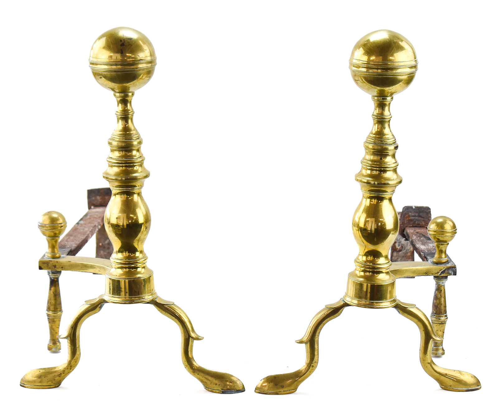 PAIR OF BRASS CANNONBALL FIREPLACE ANDIRONS