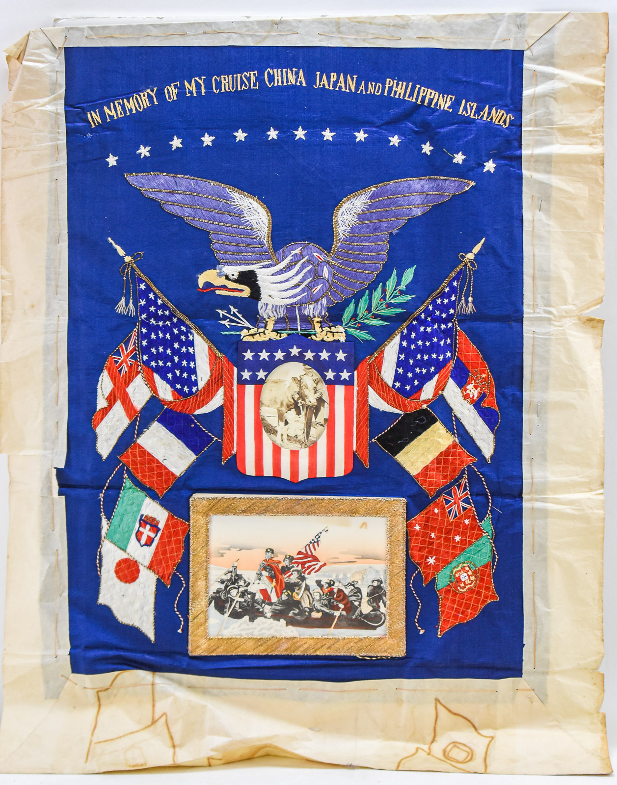 UNITED STATES NAVY PATRIOTIC SILK SOUVENIR TRAPUNTO EMBROIDERY