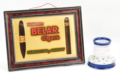FLOR DE BELAR ADVERTISING SIGN AND MATCH STRIKER. This sign is a tin lithograph. It was 