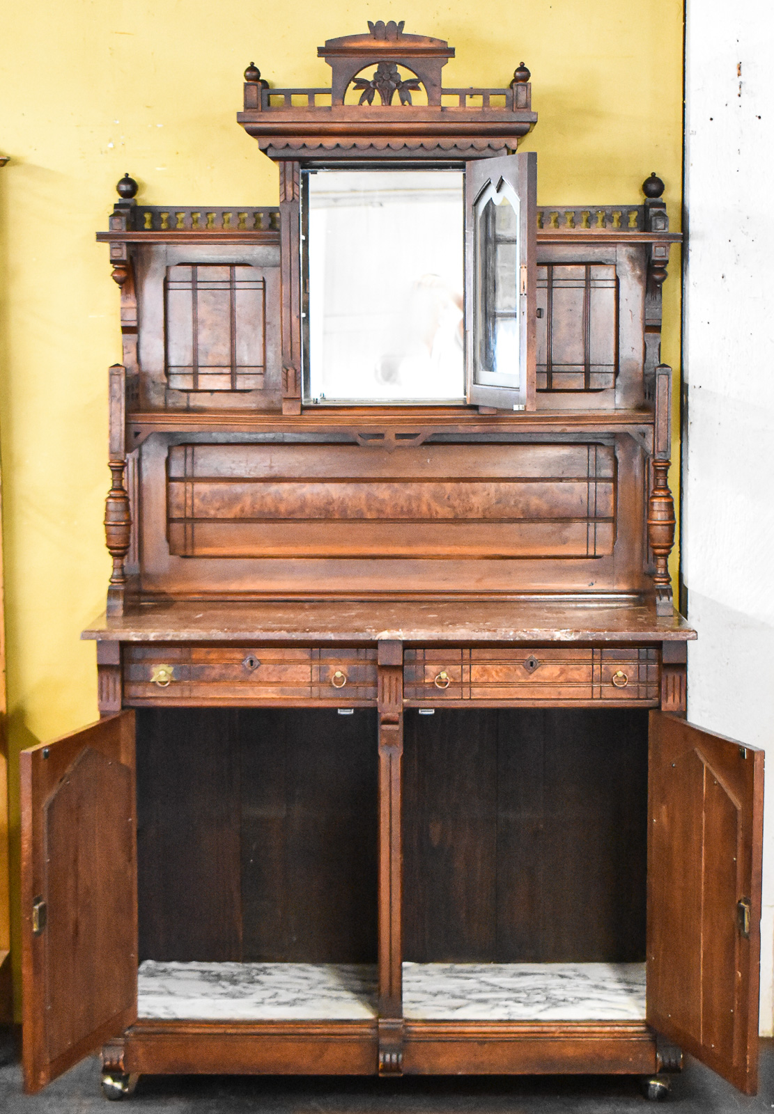 LATE VICTORIAN EASTLAKE MARBLE TOP SIDEBOARD