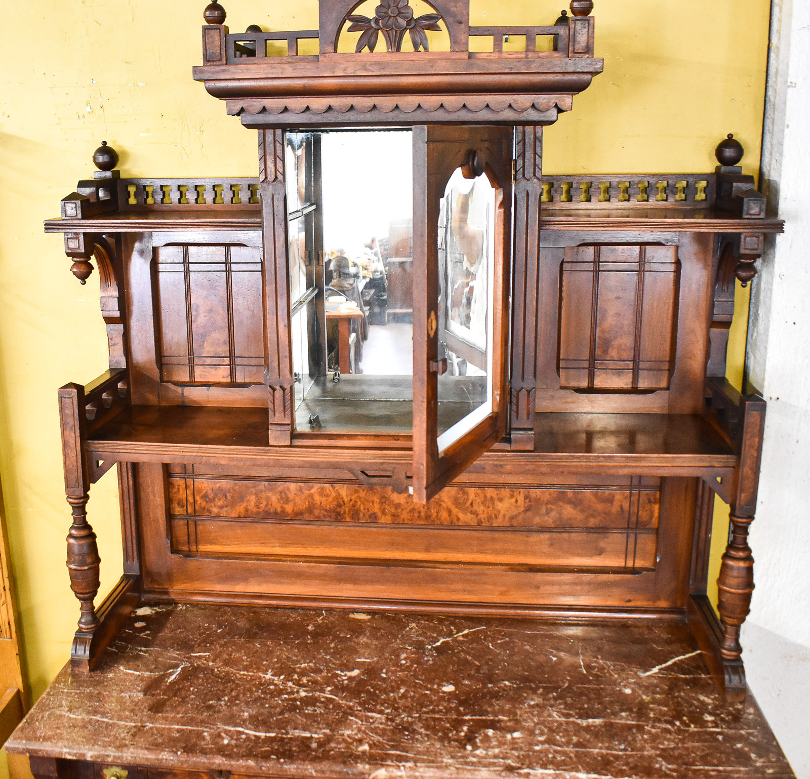 LATE VICTORIAN EASTLAKE MARBLE TOP SIDEBOARD