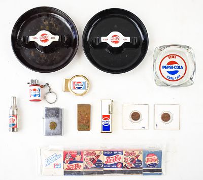 LOT OF PEPSI LIGHTERS & SMOKING COLLECTIBLES . Includes four cigarette lighters, three ashtrays 