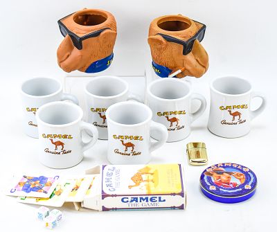 COLLECTION OF CAMEL GOODS. Includes 6 mugs, one coaster set of four, two Joe Camel drink koozies 