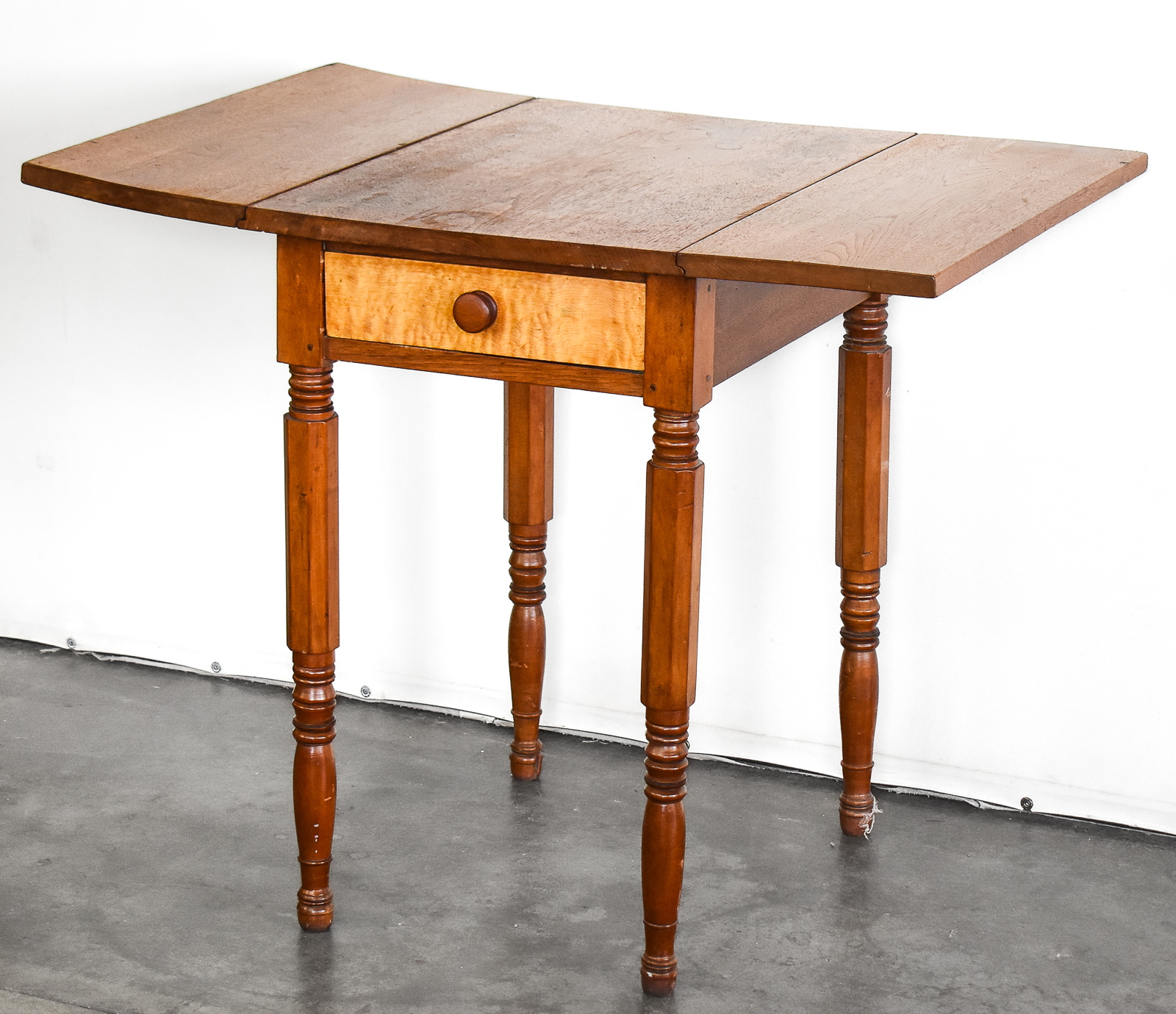 WALNUT AND TIGER MAPLE DROP-LEAF WORK TABLE