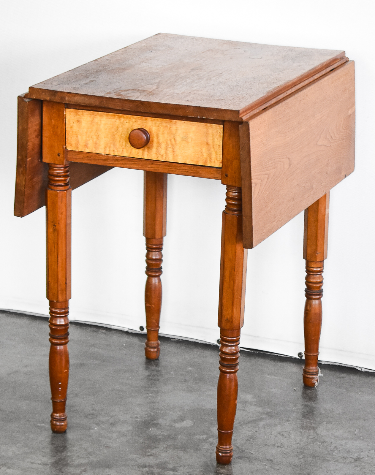 WALNUT AND TIGER MAPLE DROP-LEAF WORK TABLE