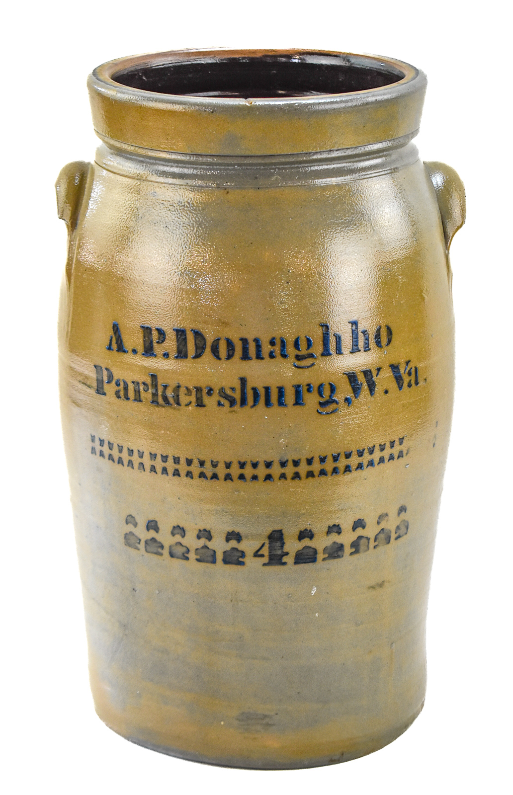 A.P. DONAGHHO FOUR-GALLON STONEWARE CHURN