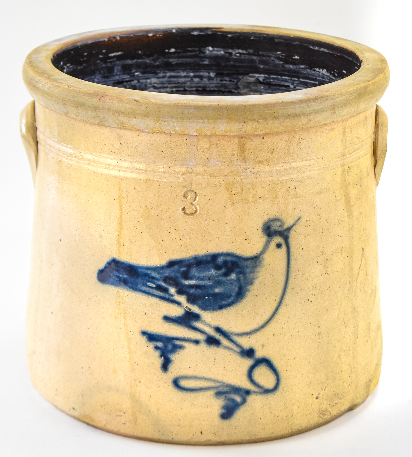 THREE-GALLON STONEWARE CROCK WITH COBALT BIRD