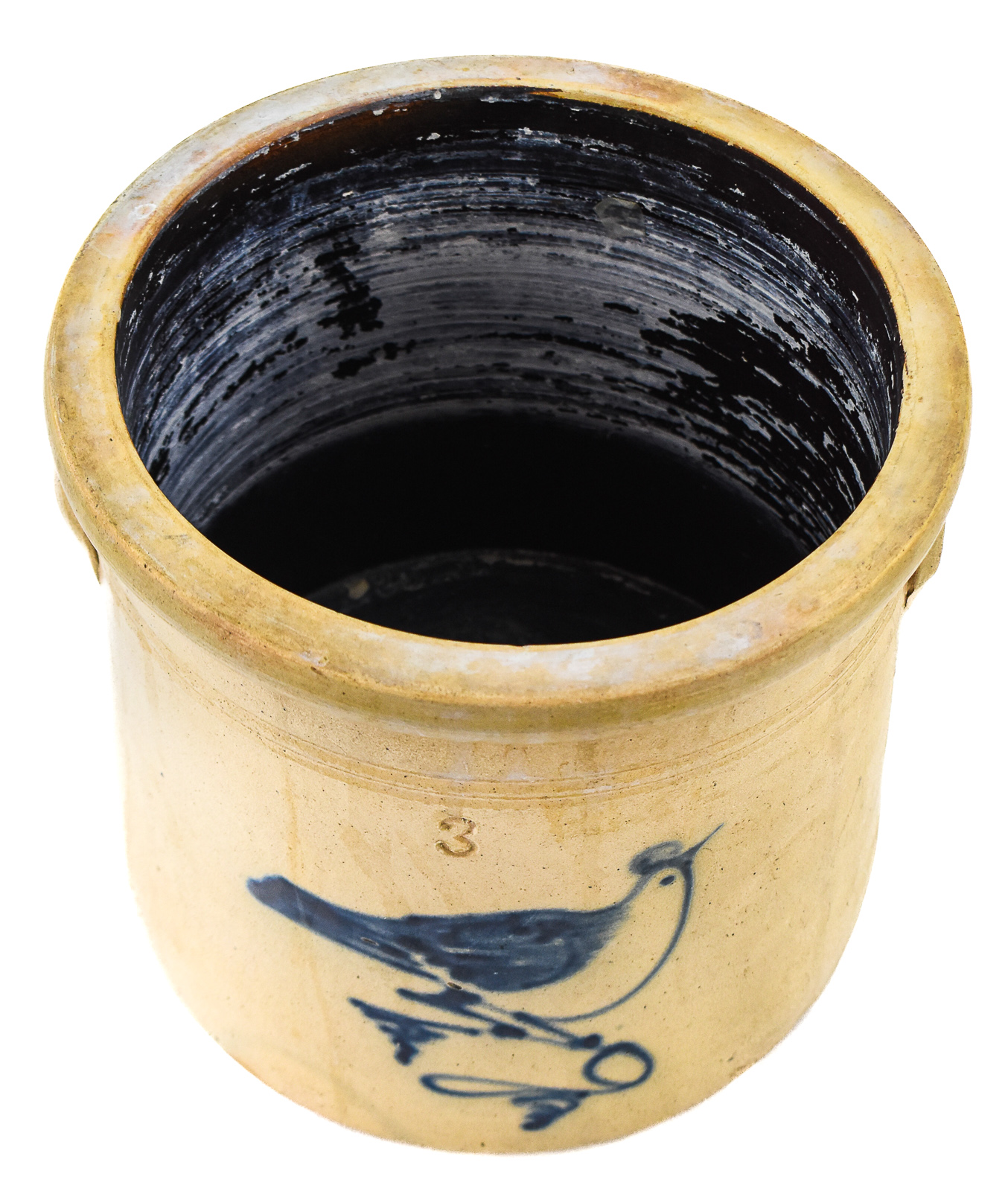 THREE-GALLON STONEWARE CROCK WITH COBALT BIRD