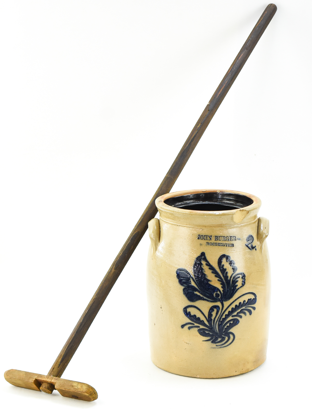 JOHN BURGER 2-GALLON STONEWARE BUTTER CHURN AND DASHER