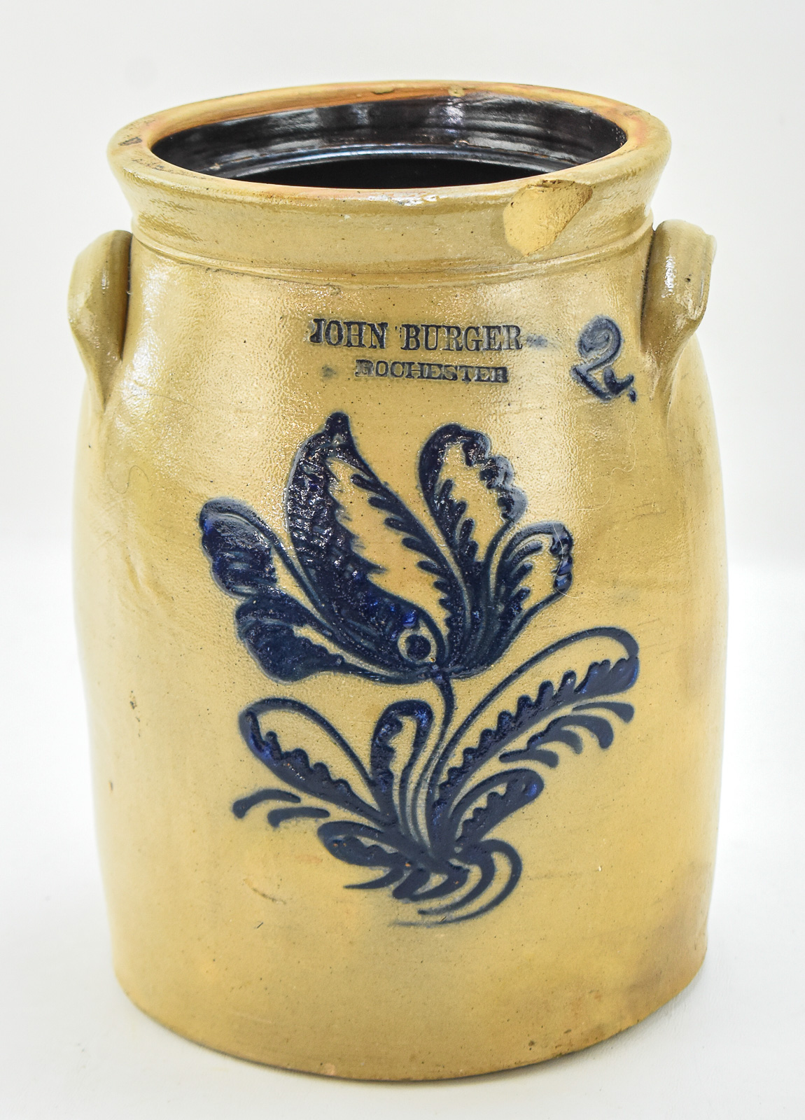 JOHN BURGER 2-GALLON STONEWARE BUTTER CHURN AND DASHER