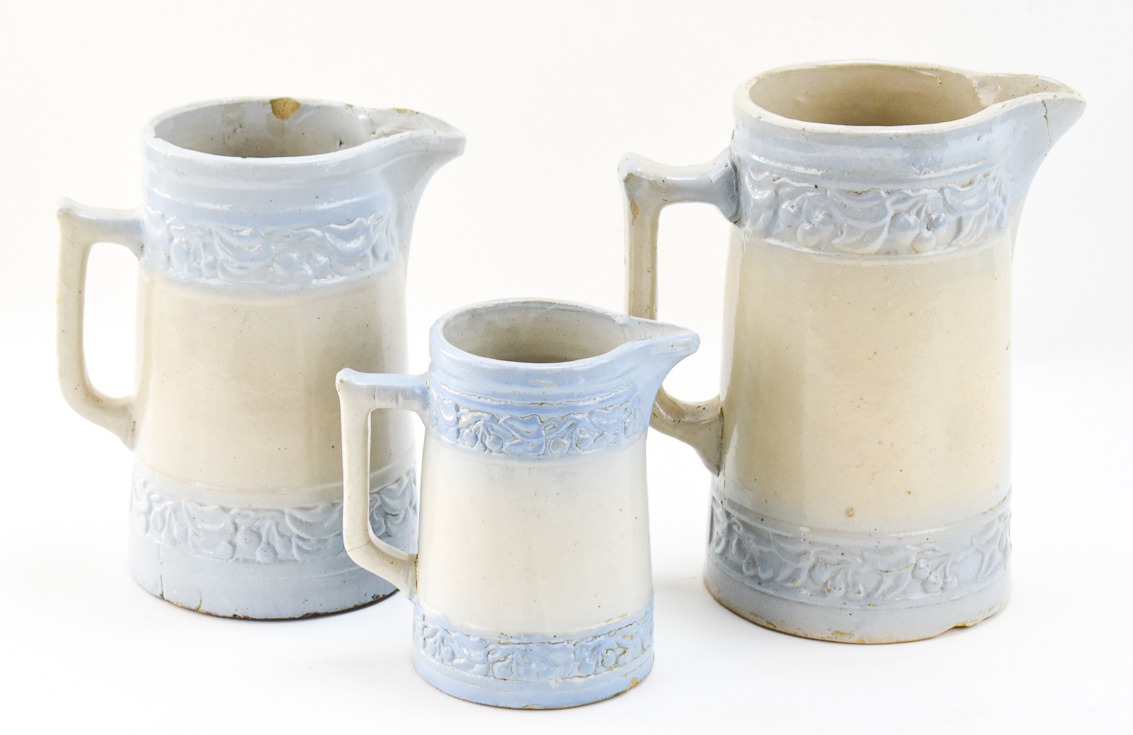 THREE RED WING STONEWARE COMPANY (ATTR.) "CHERRY BAND" SALT-GLAZED PITCHERS