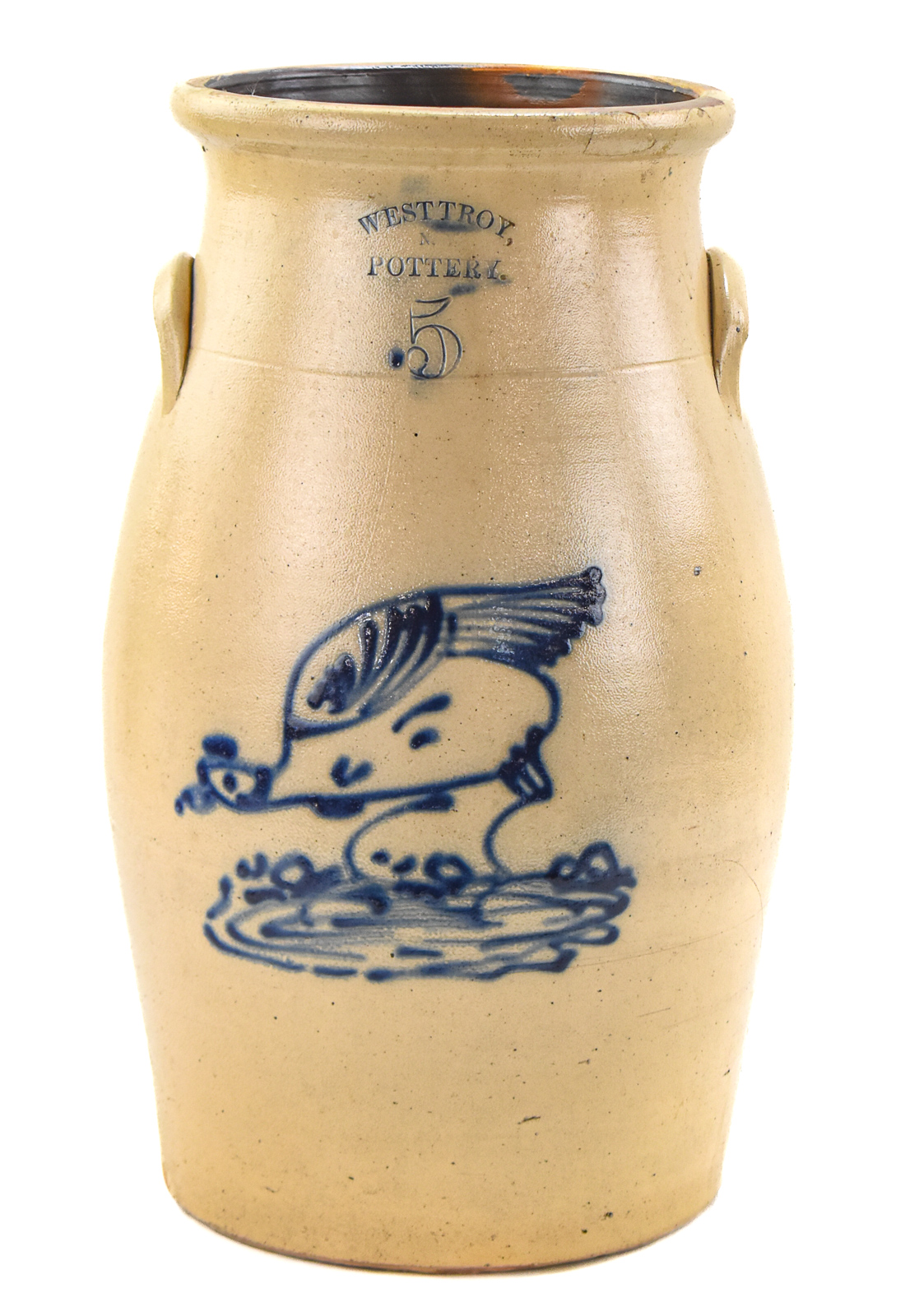 WEST TROY POTTERY FIVE-GALLON SALT-GLAZED STONEWARE CROCK
