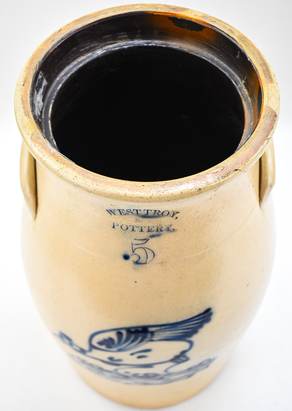 WEST TROY POTTERY FIVE-GALLON SALT-GLAZED STONEWARE CROCK