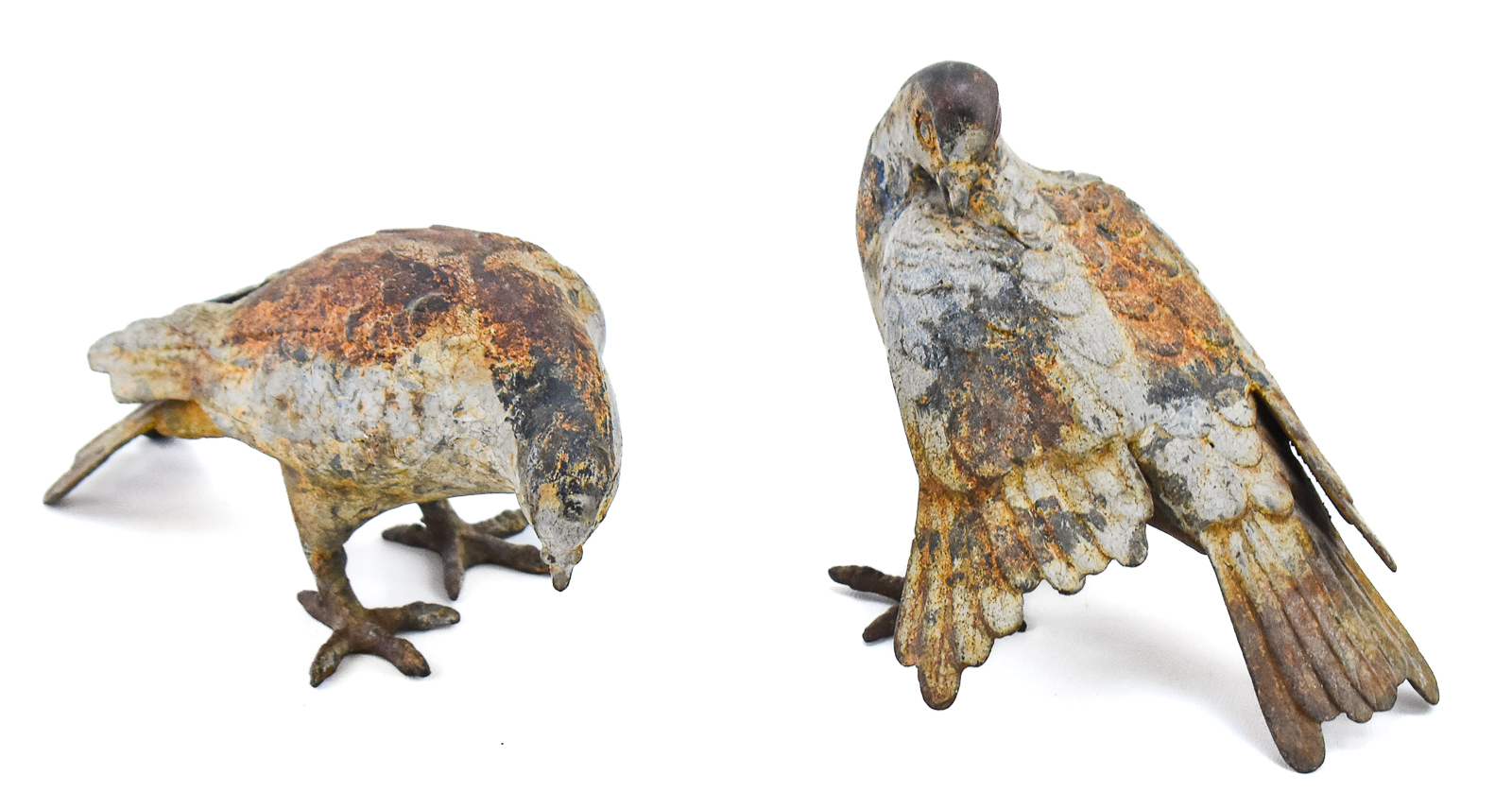 PAIR OF JAPANESE STYLE CAST IRON CARRIER PIGEON GARDEN ORNAMENTATIONS