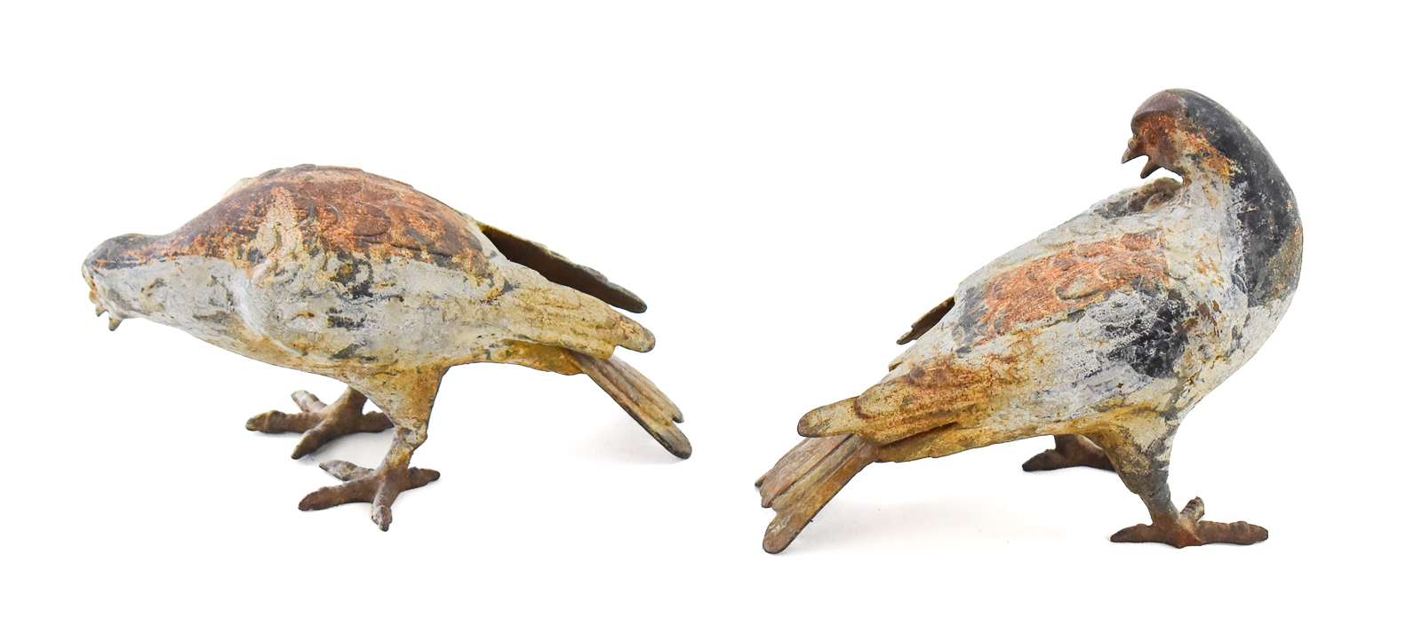 PAIR OF JAPANESE STYLE CAST IRON CARRIER PIGEON GARDEN ORNAMENTATIONS