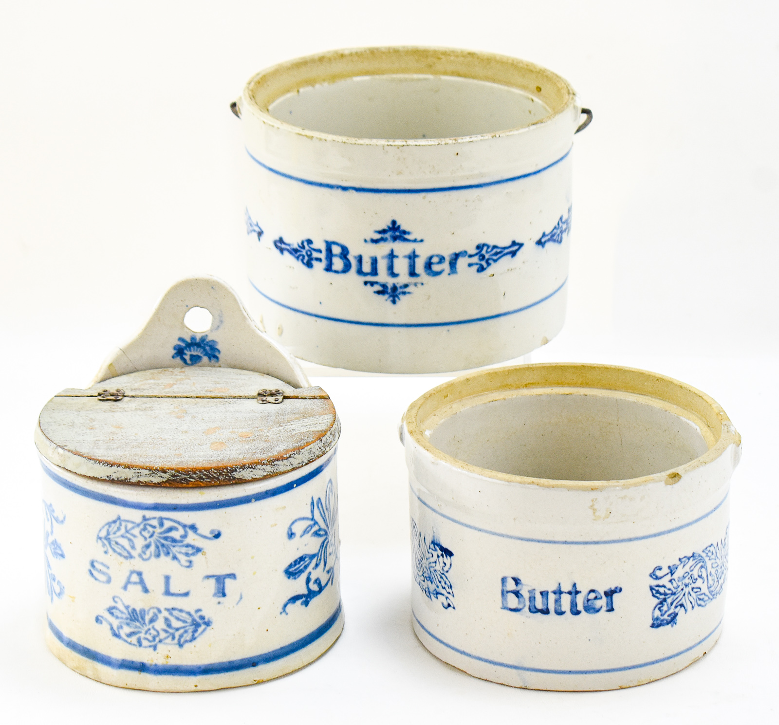 THREE MIDWESTERN BLUE AND WHITE STONEWARE KITCHEN CROCKS
