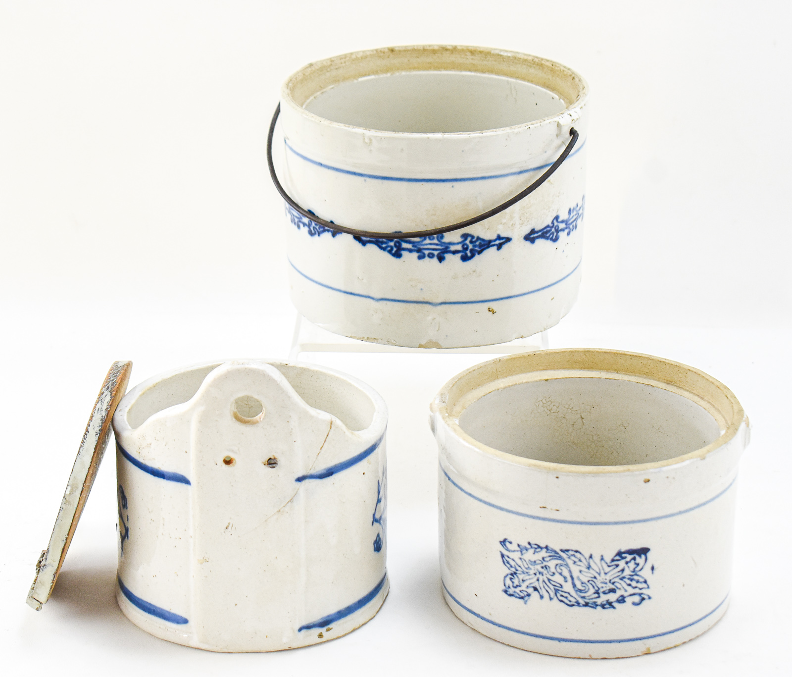 THREE MIDWESTERN BLUE AND WHITE STONEWARE KITCHEN CROCKS