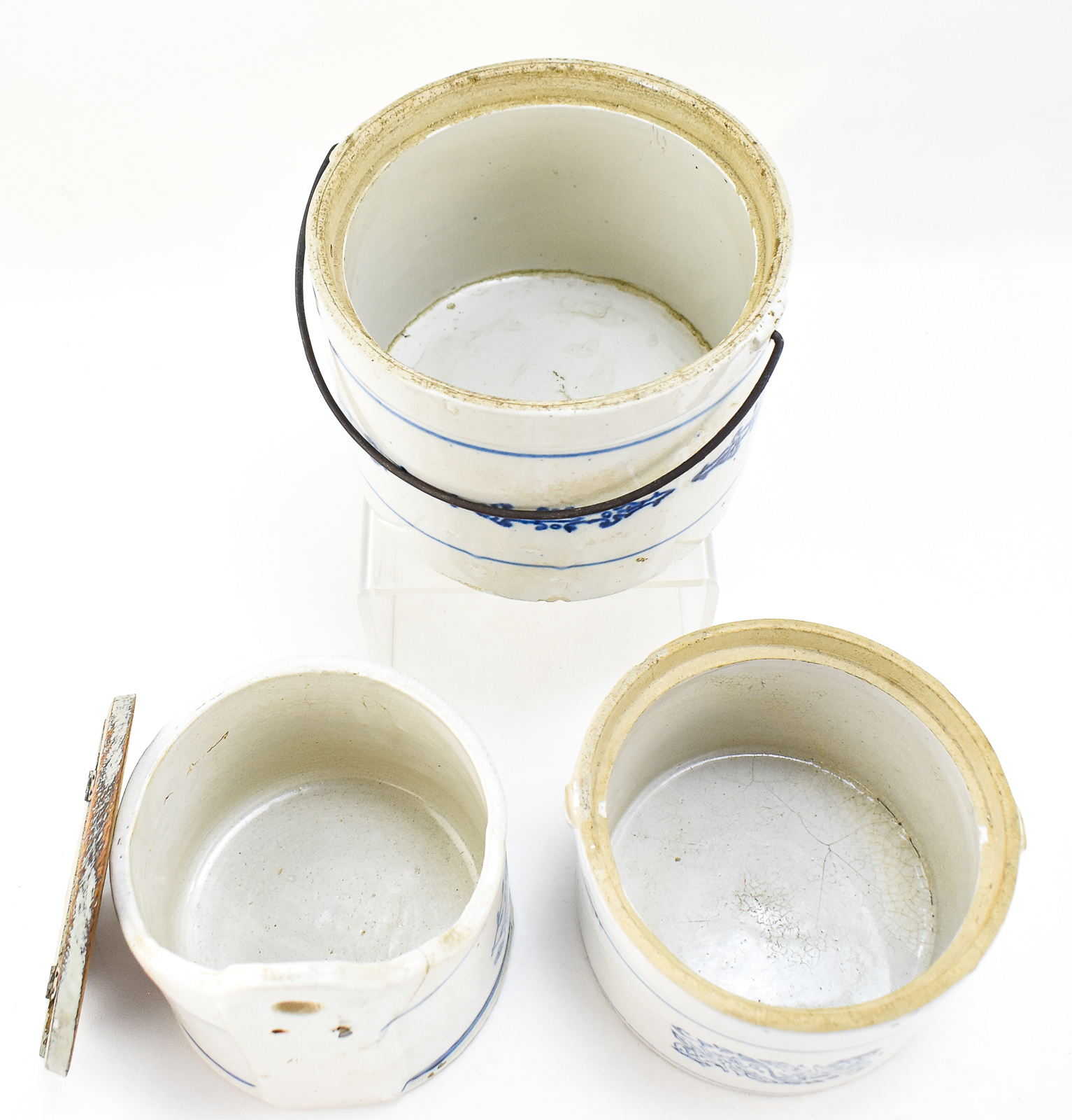 THREE MIDWESTERN BLUE AND WHITE STONEWARE KITCHEN CROCKS