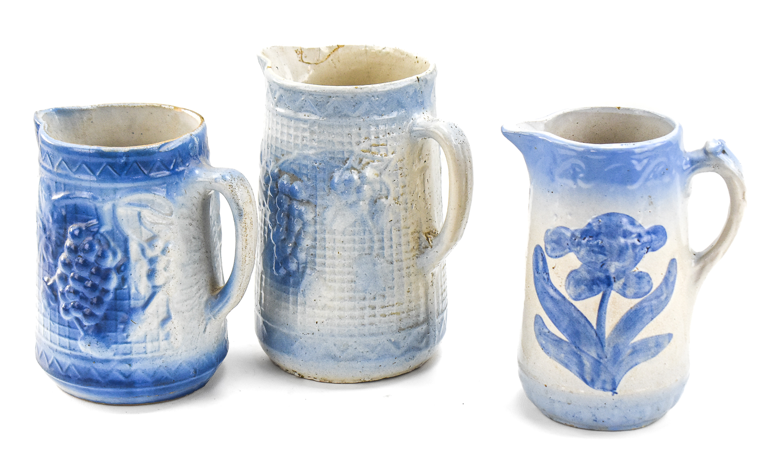 TRIO OF AMERICAN BLUE-AND-WHITE STONEWARE PITCHERS