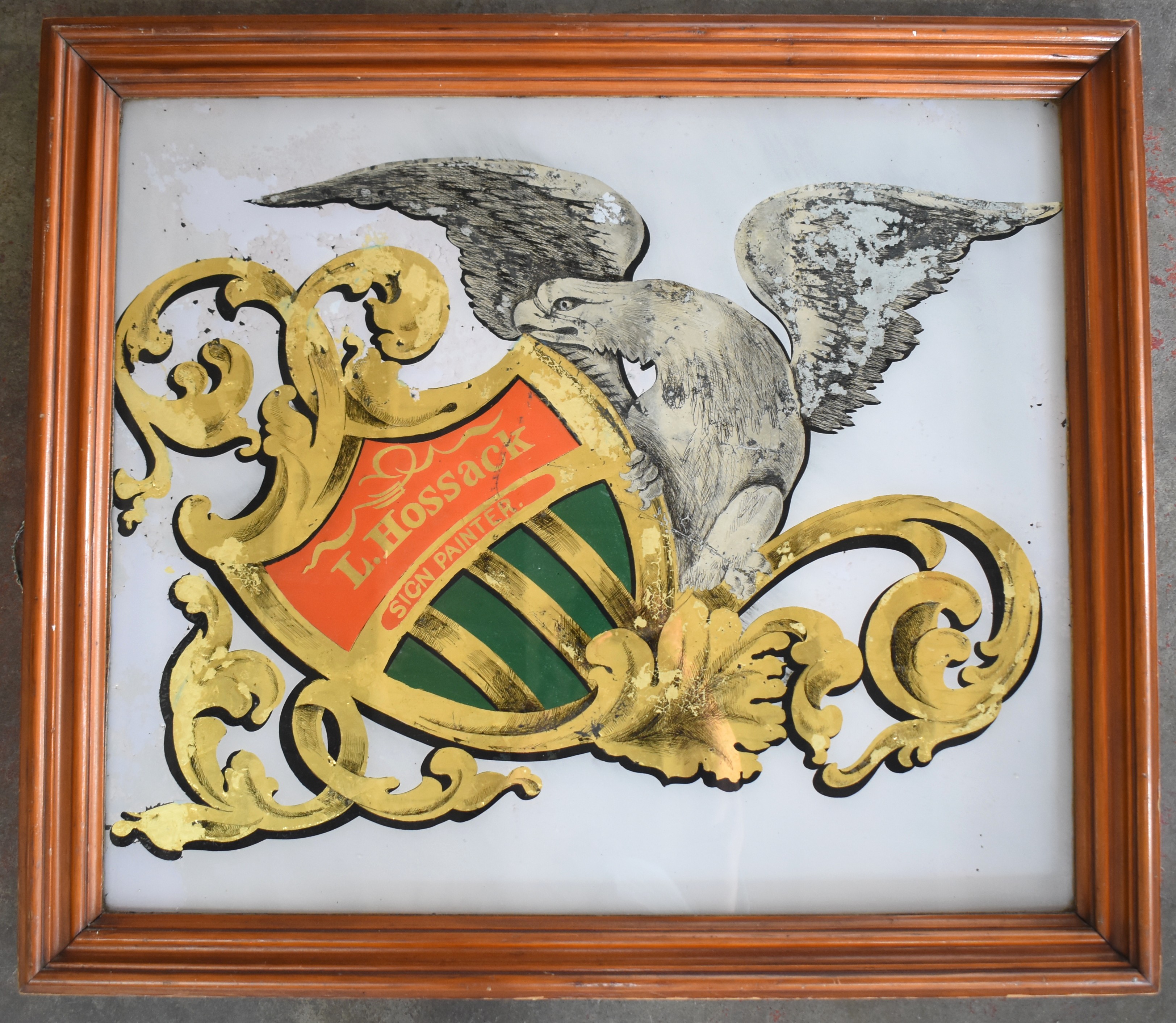 L. HOSSACK REVERSE-PAINTED GLASS BUSINESS TRADE SIGN
