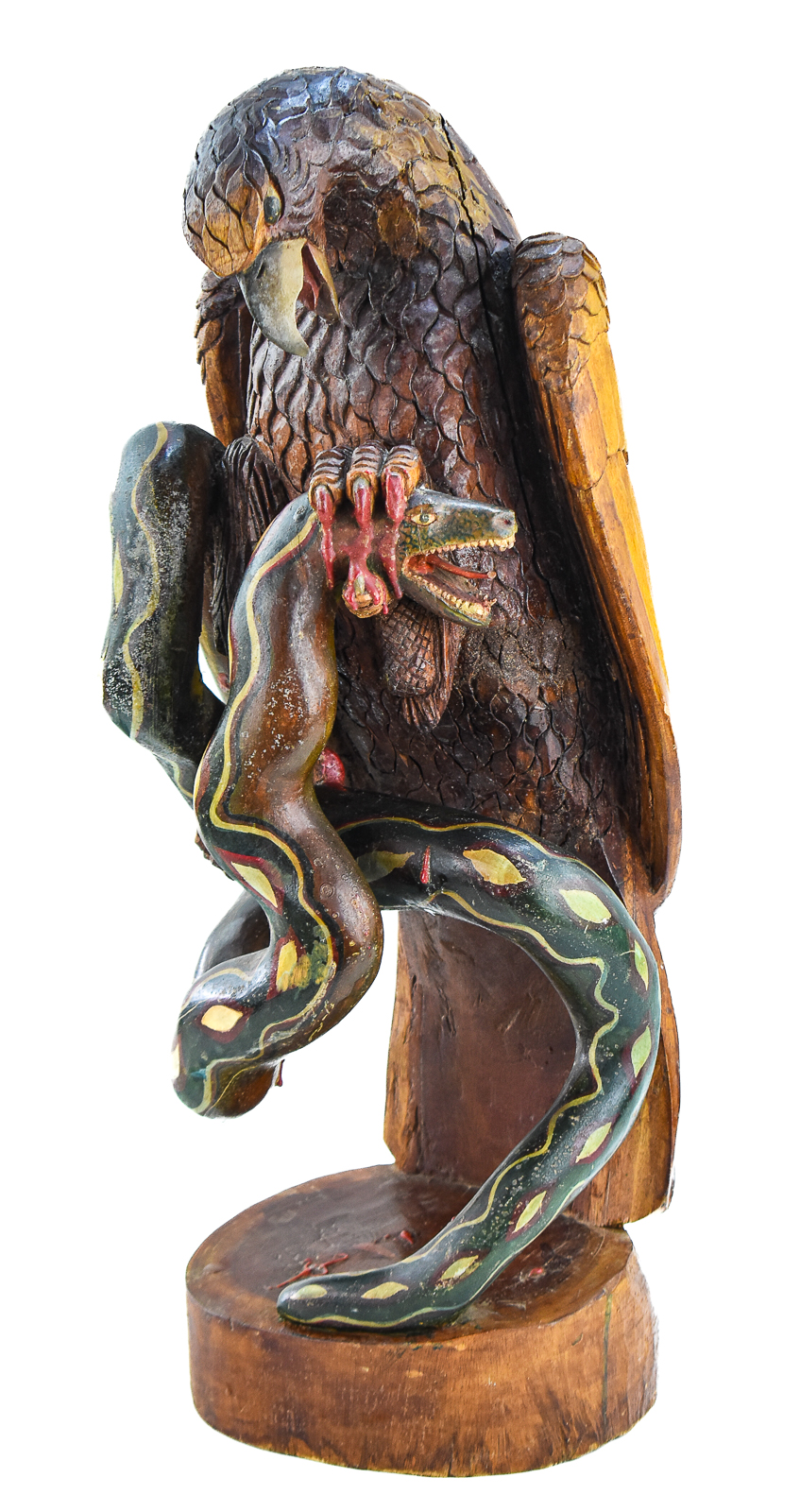 FOLK ART HAND-CARVED COPAL POLYCHROME EAGLE AND SERPENT SCULPTURE