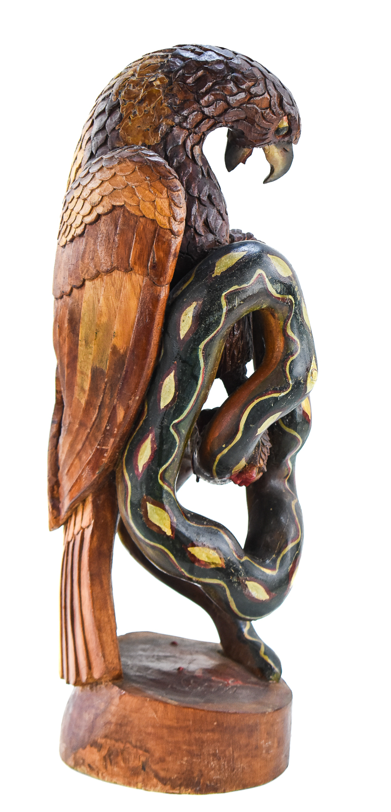 FOLK ART HAND-CARVED COPAL POLYCHROME EAGLE AND SERPENT SCULPTURE