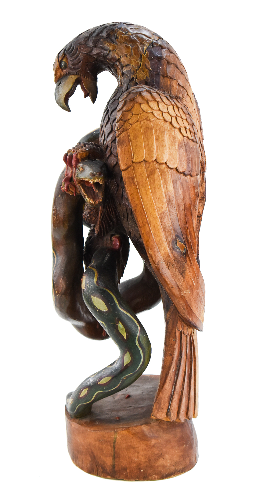 FOLK ART HAND-CARVED COPAL POLYCHROME EAGLE AND SERPENT SCULPTURE