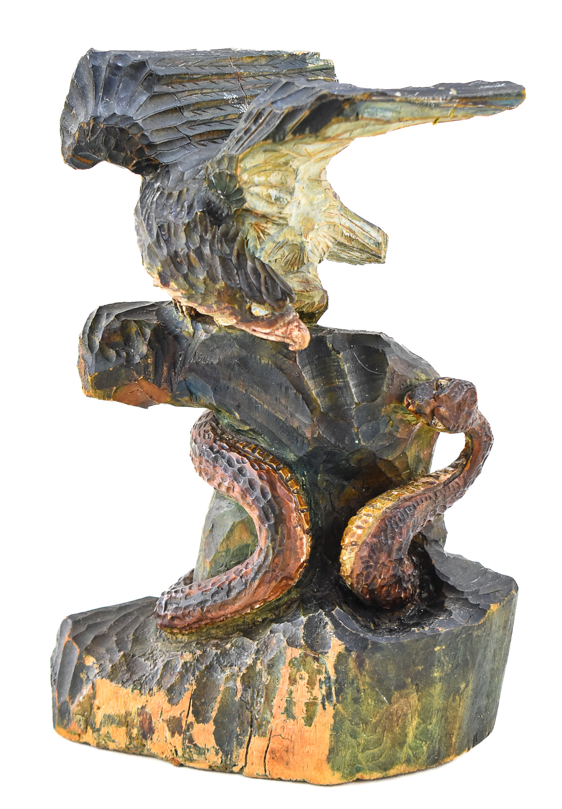 SOVIET CARVED BASSWOOD ALLEGORICAL EAGLE AND SNAKE SCULPTURE