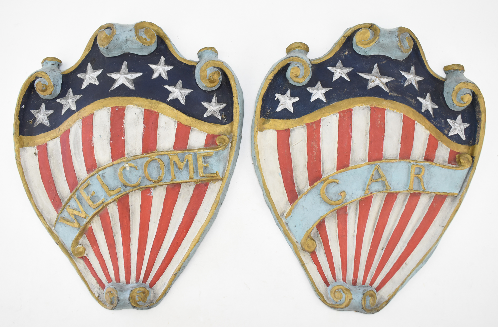 PAIR OF FOLK-ART PAPER-MACHE GRAND ARMY OF THE REPUBLIC SHIELDS