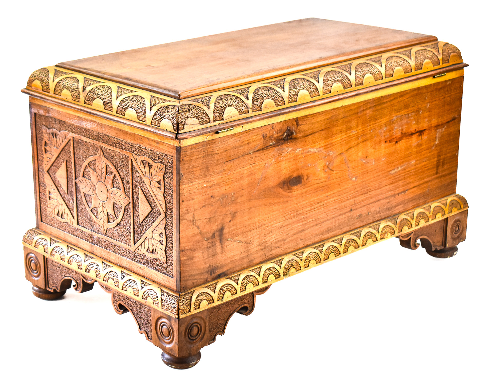 1934 FLORAL RELIEF-CARVED OAK CHEST