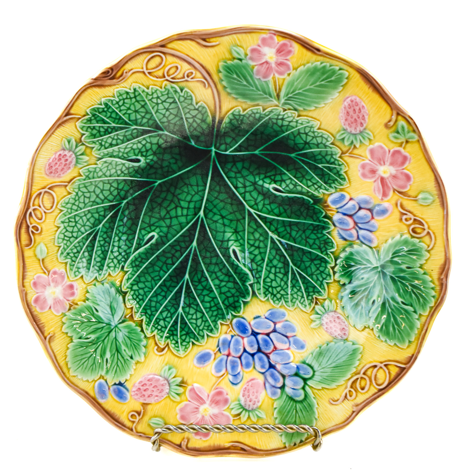 THREE 'VINE AND STRAWBERRY' MAJOLICA PLATES: WEDGWOOD, ETRUSCAN, AND MORE