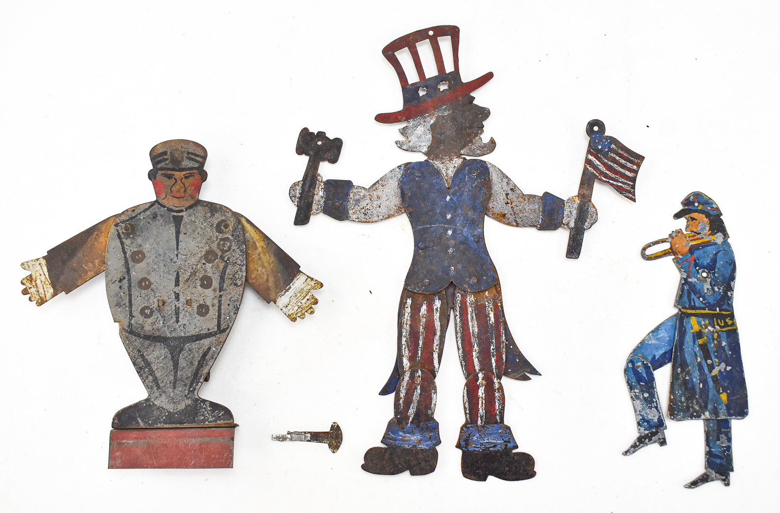 A TRIO OF PATRIOTIC METAL FOLK-ART FIGURES: LICENSE PLATE TOPPER, "UNCLE SAM" & MORE