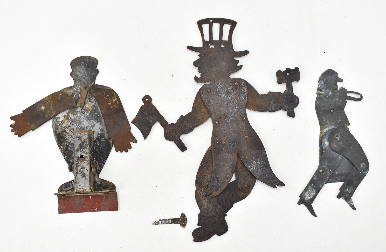 A TRIO OF PATRIOTIC METAL FOLK-ART FIGURES: LICENSE PLATE TOPPER, "UNCLE SAM" & MORE