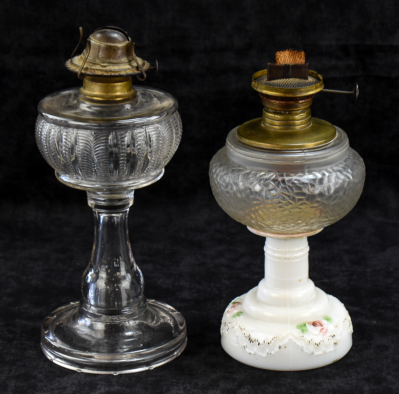PAIR OF TWO GLASS KEROSENE OIL LAMPS