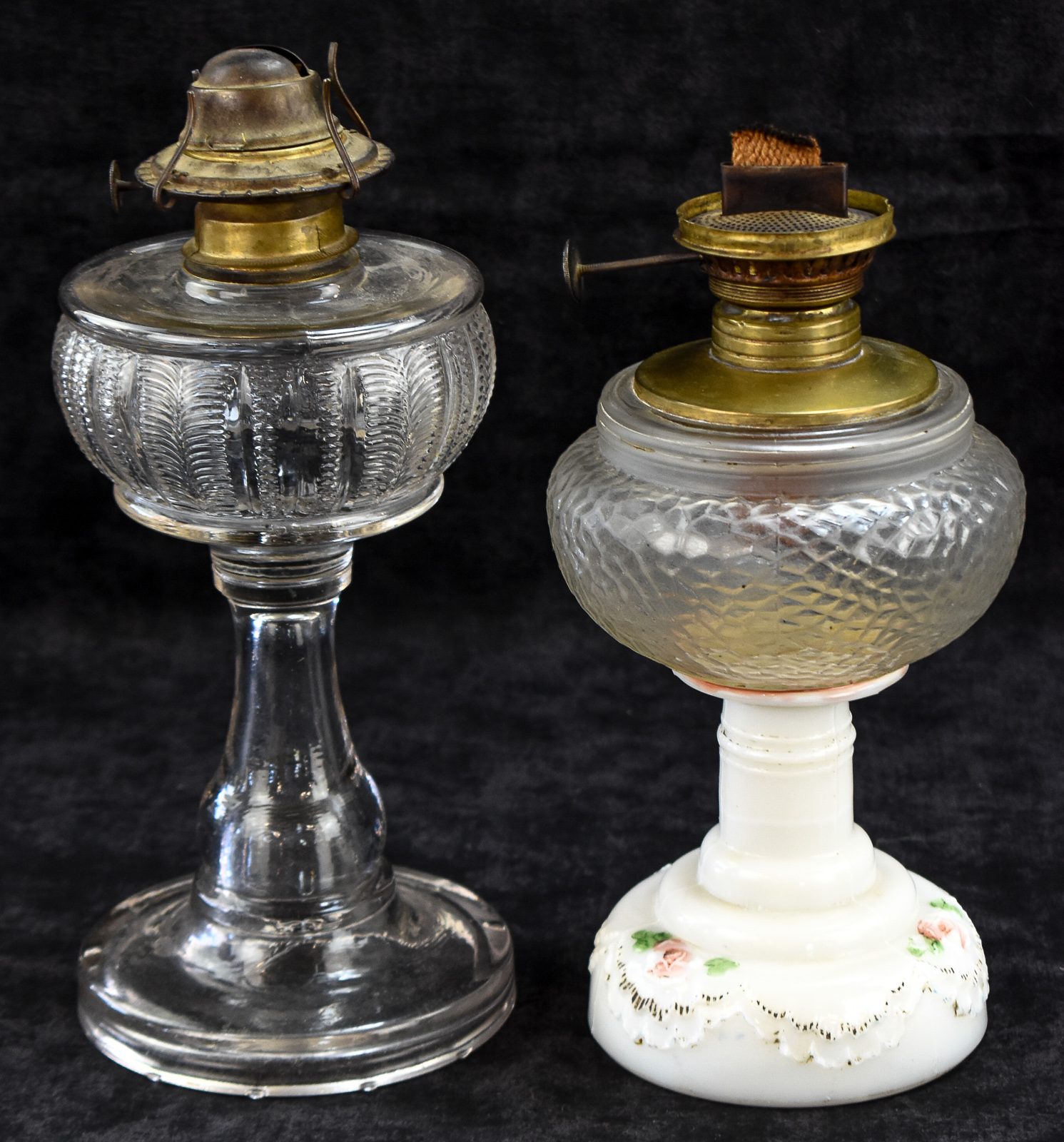 PAIR OF TWO GLASS KEROSENE OIL LAMPS