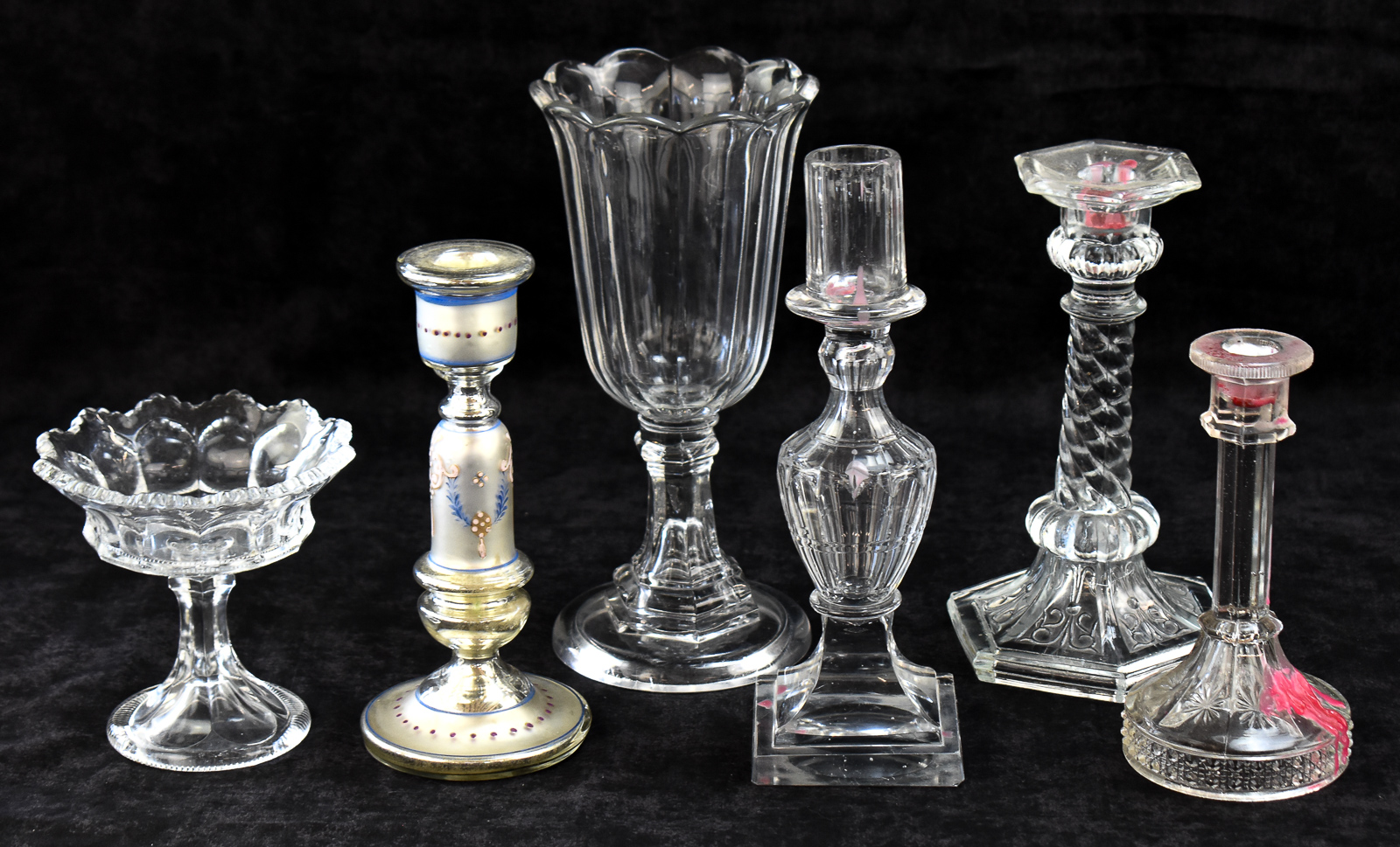 EAPG CELERY VASE AND GLASS CANDLESTICK ASSORTMENT