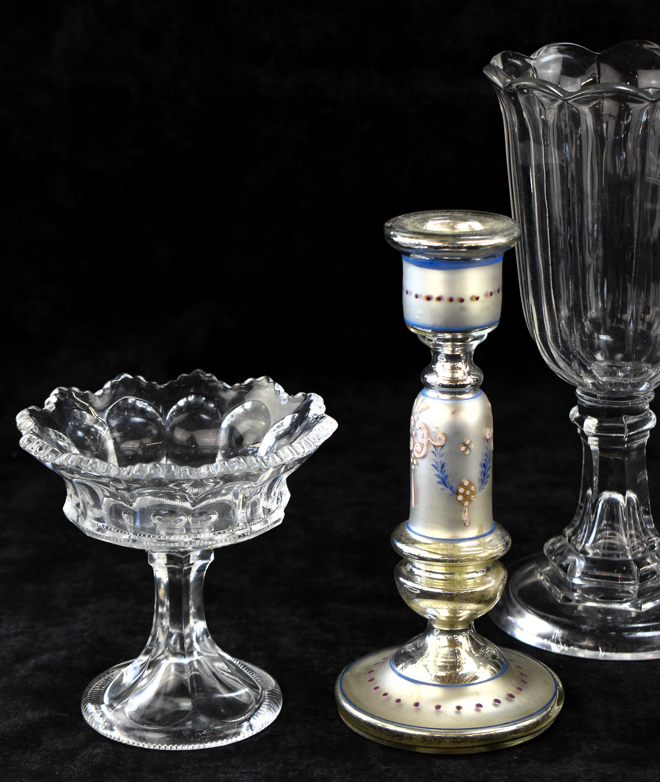 EAPG CELERY VASE AND GLASS CANDLESTICK ASSORTMENT