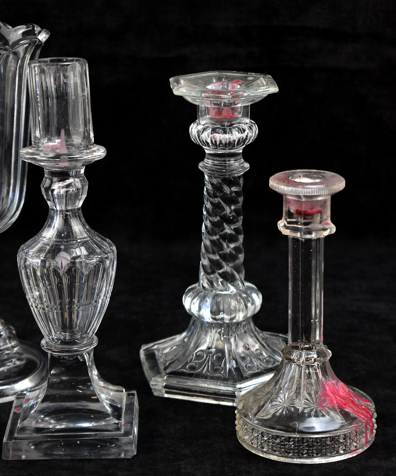 EAPG CELERY VASE AND GLASS CANDLESTICK ASSORTMENT