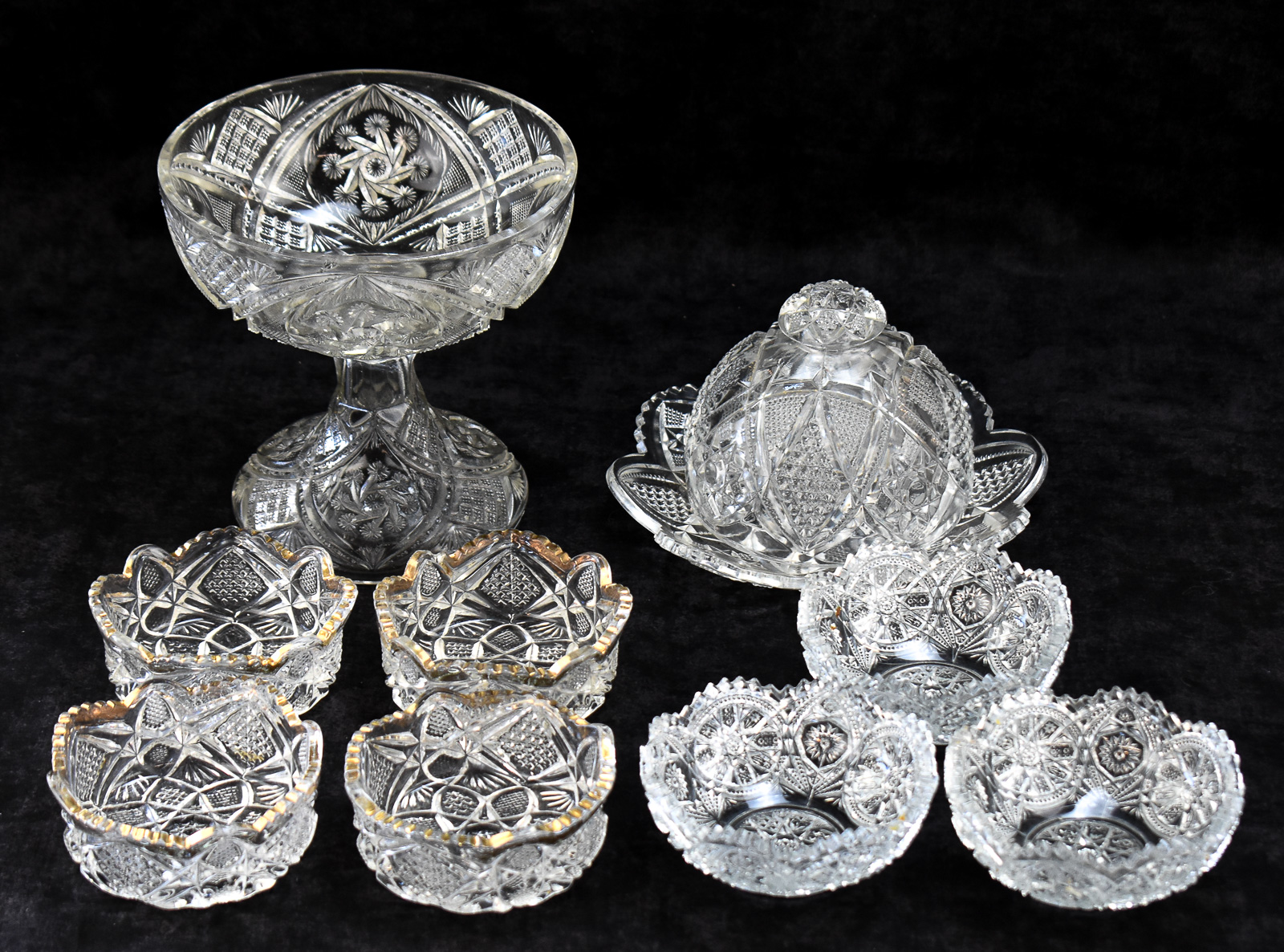 EAPG ASSORTMENT: COMPOTE, COVERED BUTTER DISH, AND DESSERT BOWLS