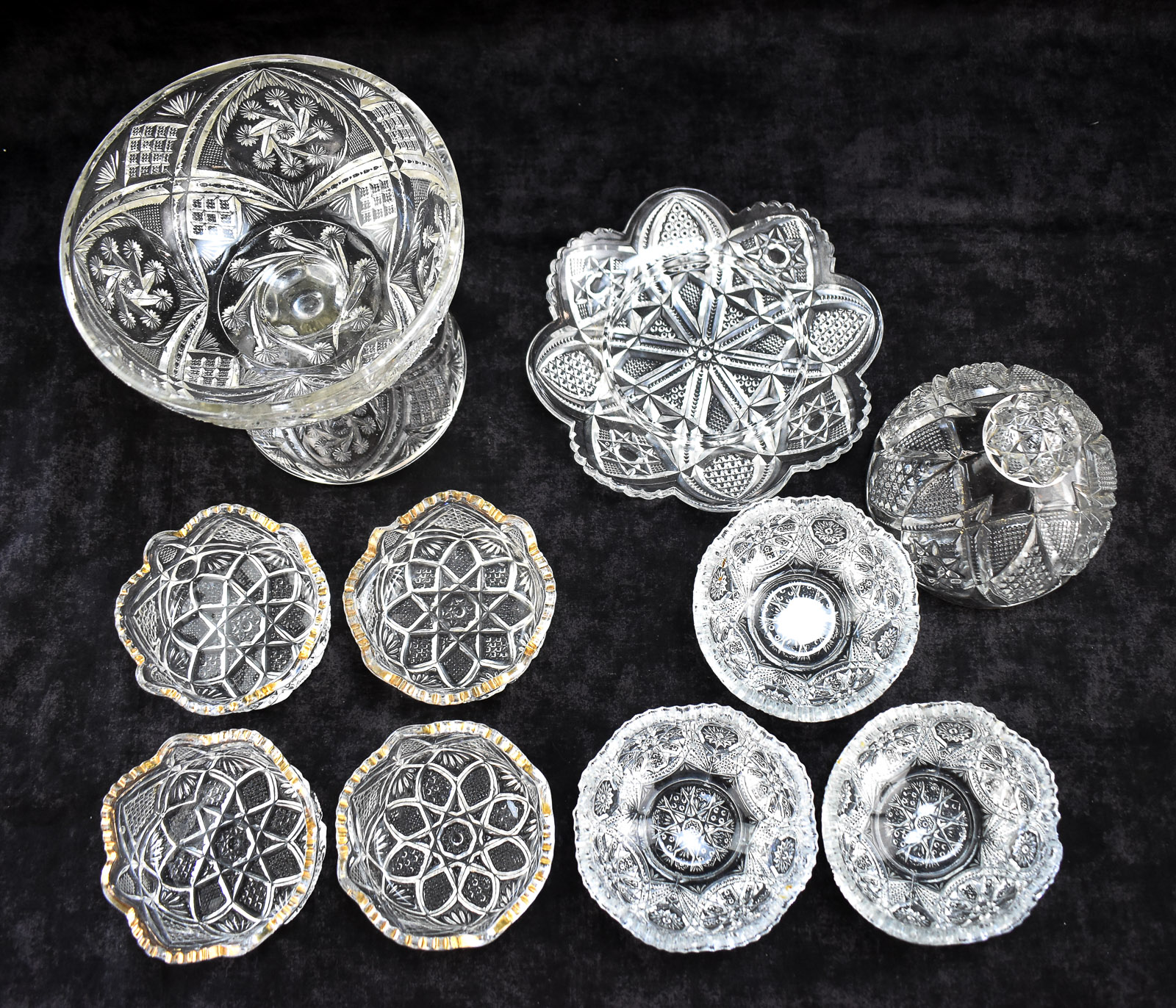 EAPG ASSORTMENT: COMPOTE, COVERED BUTTER DISH, AND DESSERT BOWLS