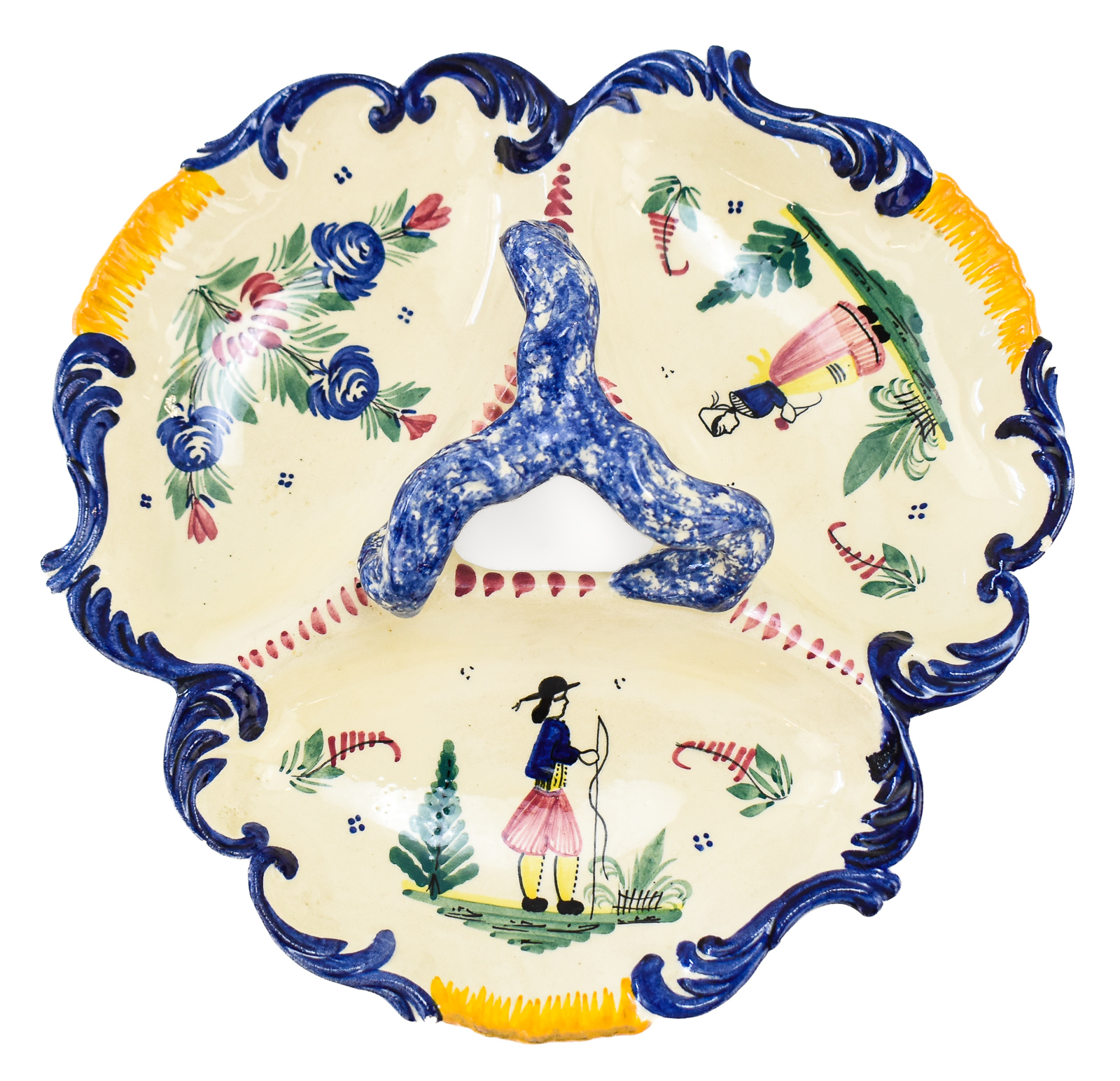 HB FACTORY QUIMPER FRENCH FAIENCE THREE-PART TREFOIL SERVING PLATTER